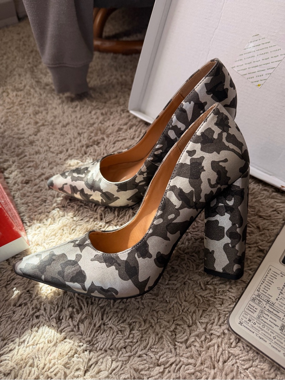 Qupid Gray Camo Pointed-Toe Block Heel Pumps